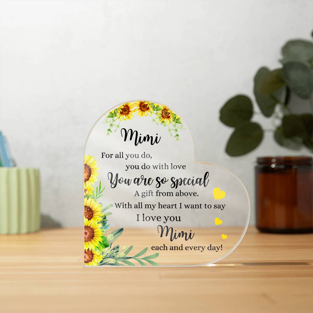 Mimi | You are so Special | Yellow Printed Heart Shaped Acrylic Plaque | Gift for Mother's Day, Birthday, All Occasions