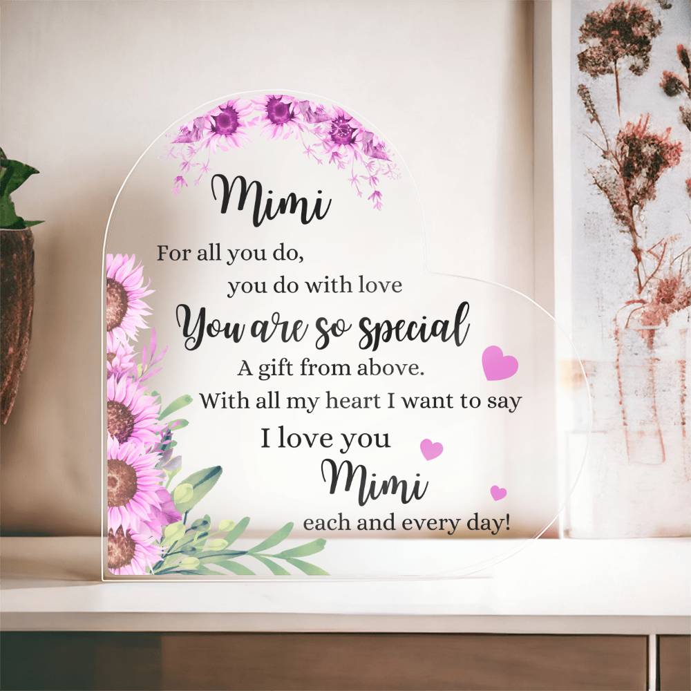 Mimi | You are so Special | Pink Printed Heart Shaped Acrylic Plaque | Gift for Mother's Day, Birthday, All Occasions