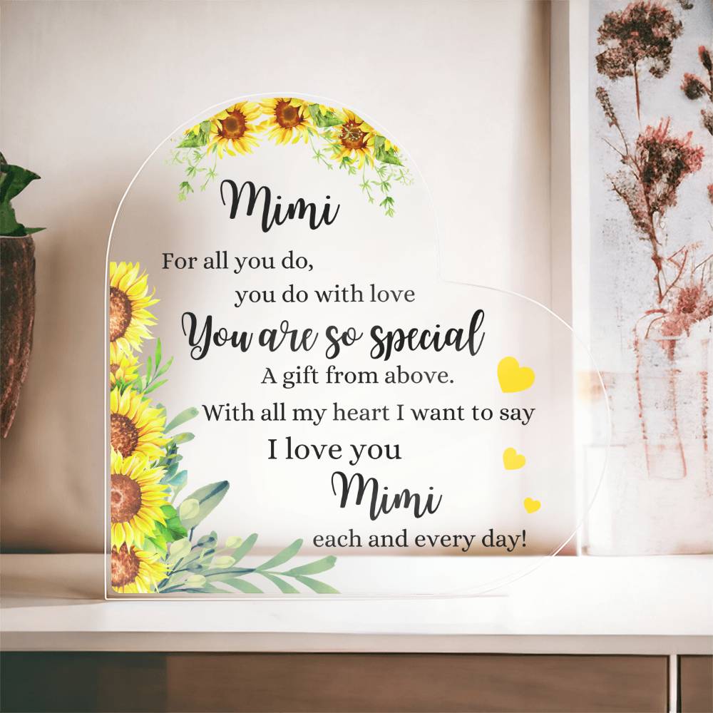 Mimi | You are so Special | Yellow Printed Heart Shaped Acrylic Plaque | Gift for Mother's Day, Birthday, All Occasions