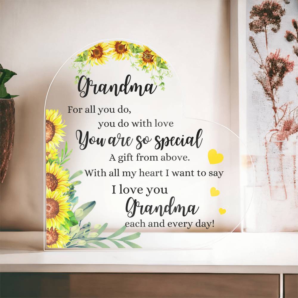 Grandma | You Are So Special | Yellow Printed Heart Shaped Acrylic Plaque | Gift for Mother's Day, Birthday, All Occasions