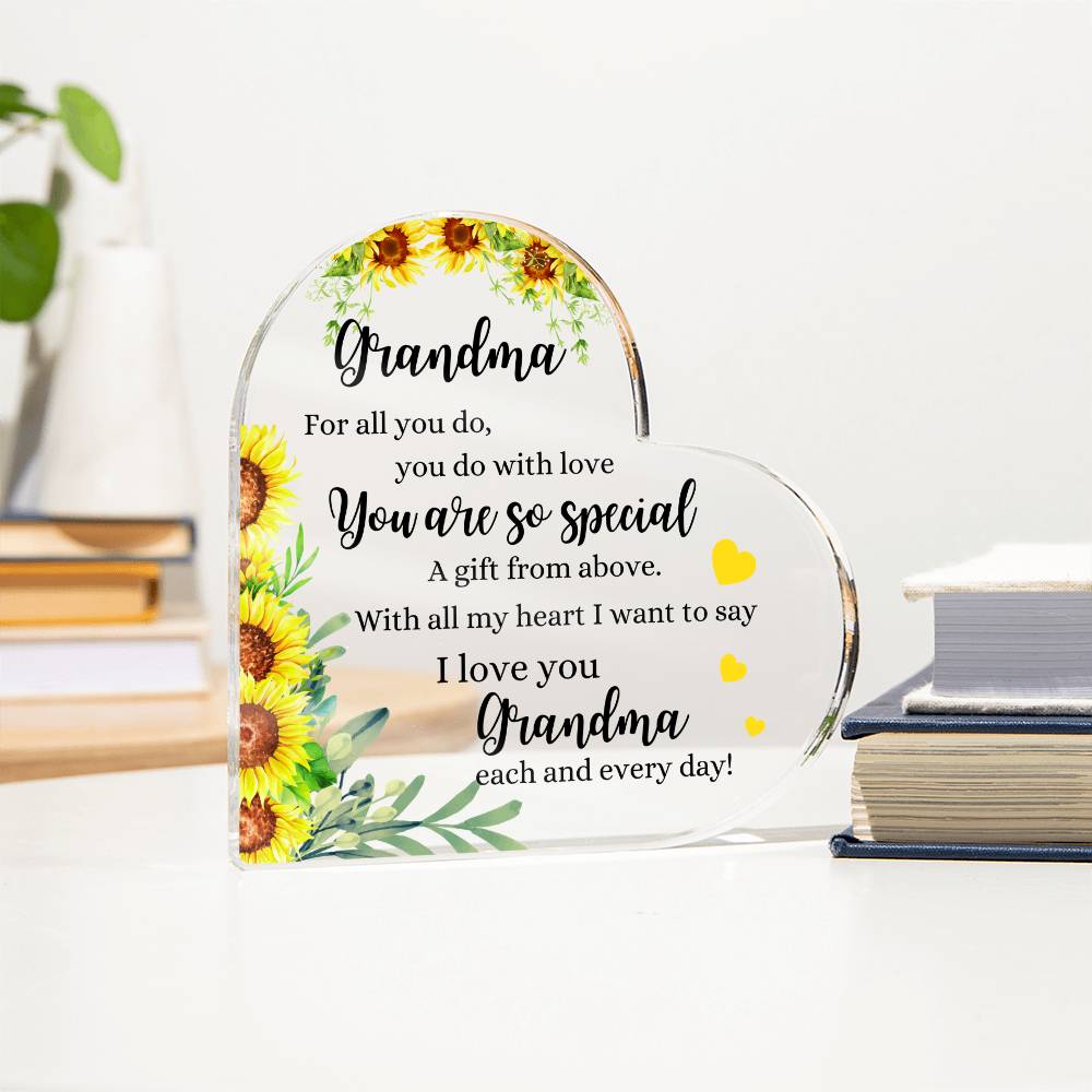 Grandma | You Are So Special | Yellow Printed Heart Shaped Acrylic Plaque | Gift for Mother's Day, Birthday, All Occasions