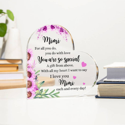 Mimi | You are so Special | Pink Printed Heart Shaped Acrylic Plaque | Gift for Mother's Day, Birthday, All Occasions