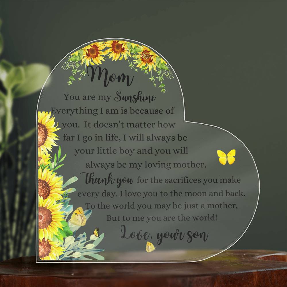 Mom | Your are My Sunshine - Son | Sunflowers Printed Heart Shaped Acrylic Plaque | Gift for Mother's Day, Birthdays, Holidays, Special Occasions