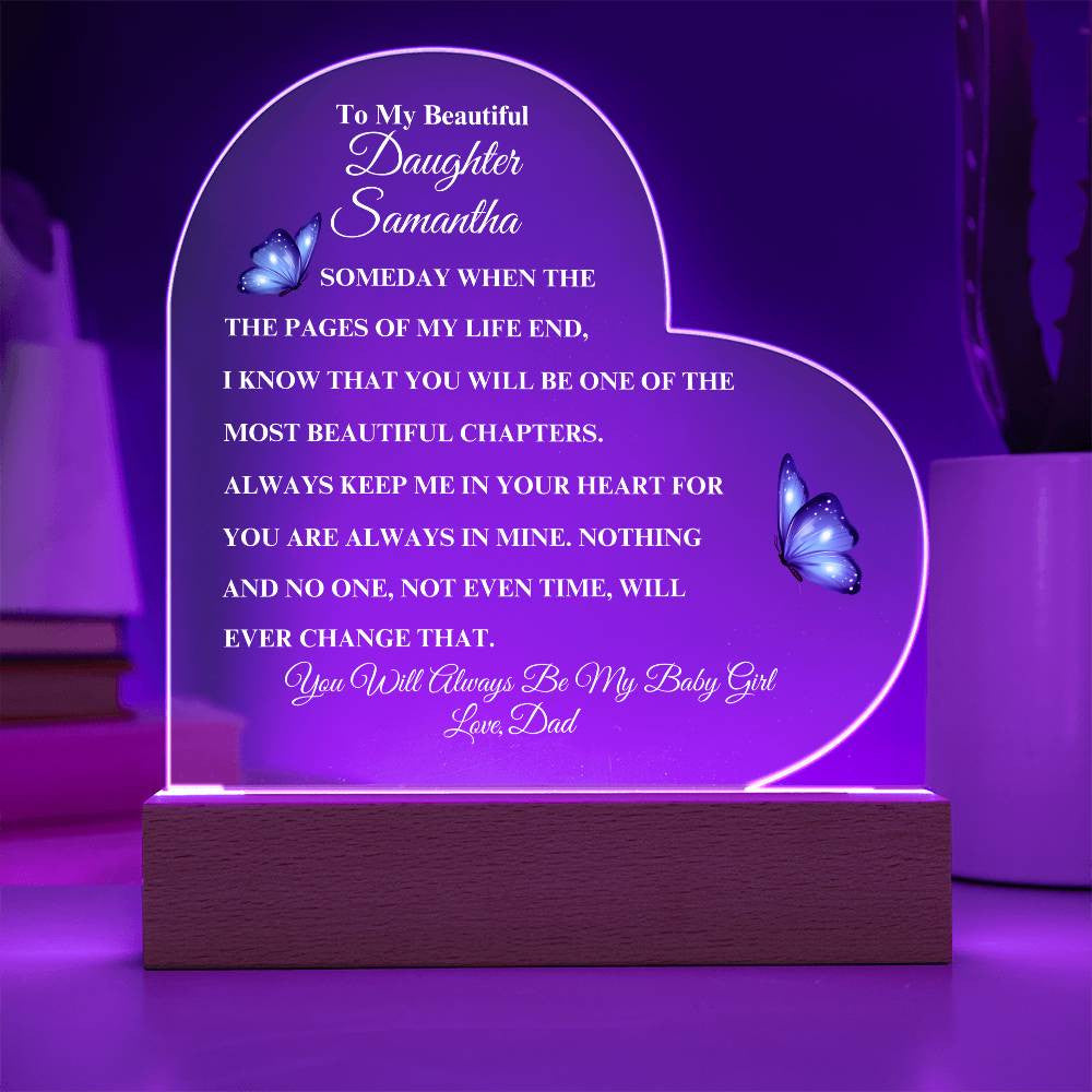 (TOP SELLER 🔥)Personalized To My Beautiful Daughter | Heart Acrylic LED Plaque - White Letters (Blue Butterfly)