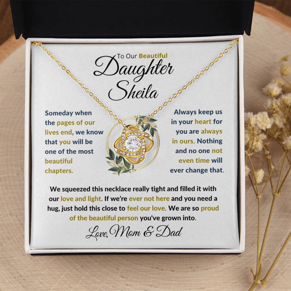 (TOP SELLER 🔥)Personalized To Our Beautiful Daughter (Black & Gold Print).....Love Knot Necklace