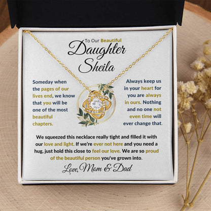 (TOP SELLER 🔥)Personalized To Our Beautiful Daughter (Black & Gold Print).....Love Knot Necklace