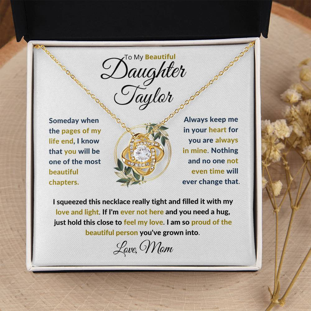 (TOP SELLER 🔥)Personalized To My Beautiful Daughter (Black & Gold Print).....Love Knot Necklace