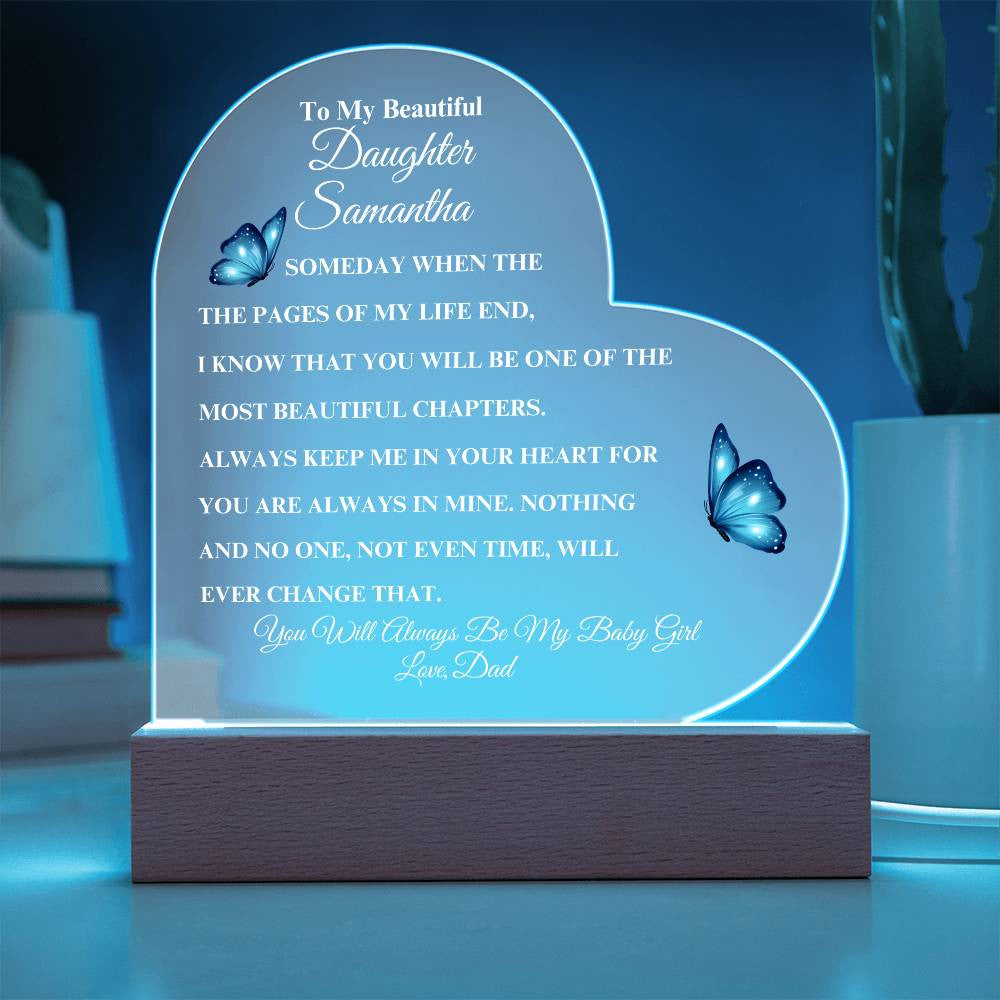 (TOP SELLER 🔥)Personalized To My Beautiful Daughter | Heart Acrylic LED Plaque - White Letters (Blue Butterfly)