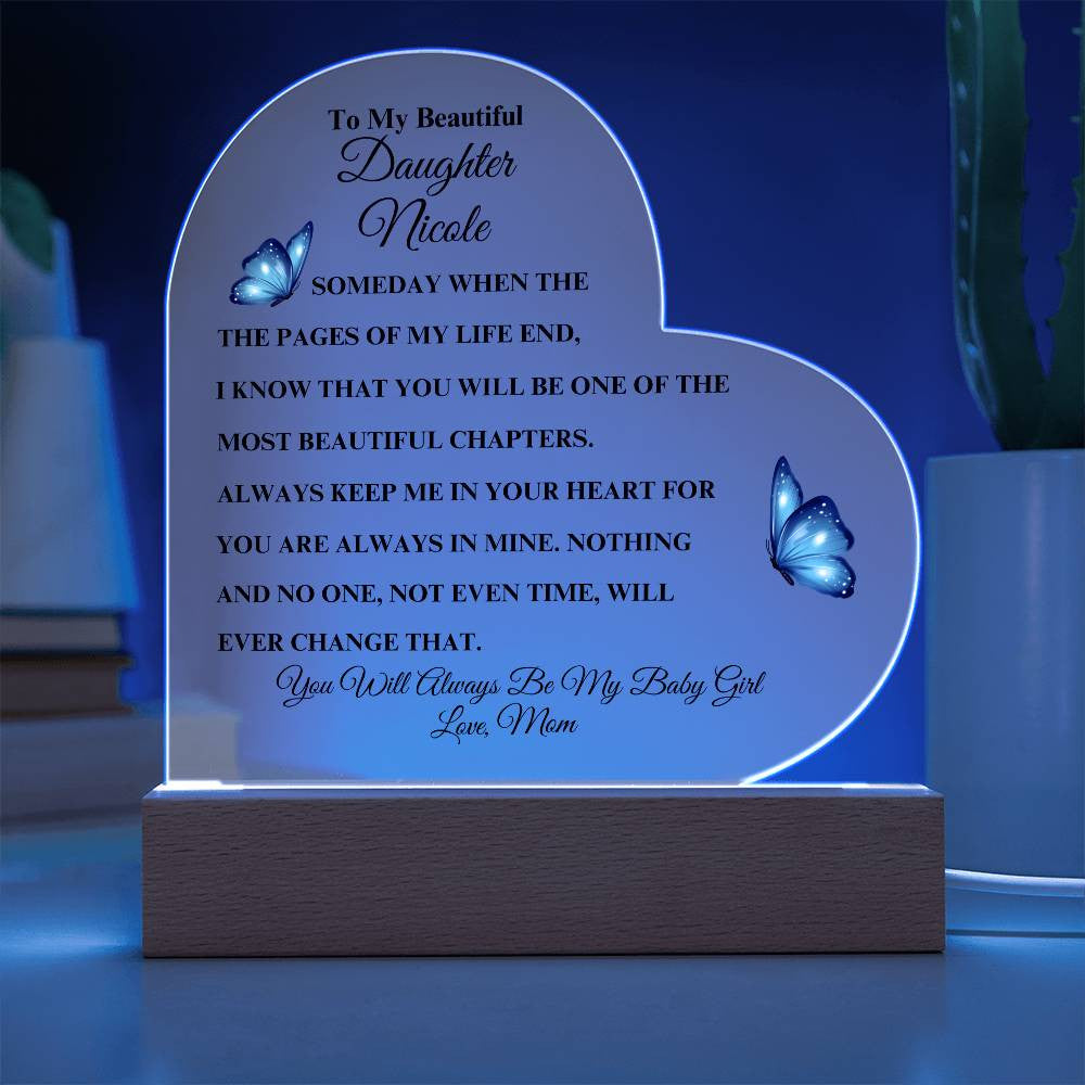 Personalized To My Beautiful Daughter | Heart Acrylic LED Plaque (Blue Butterfly)