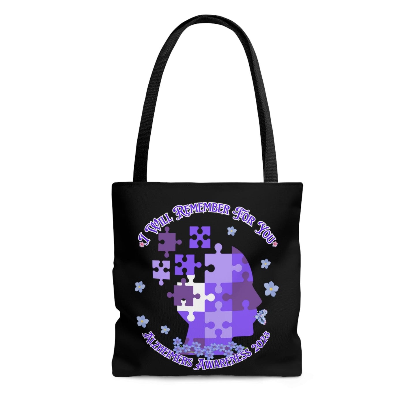 I Will Remember For You - Alzheimers Awareness Black Tote Bag Blue Forget Me Not Flower (AOP) - ALL4THEGIFTOFIT