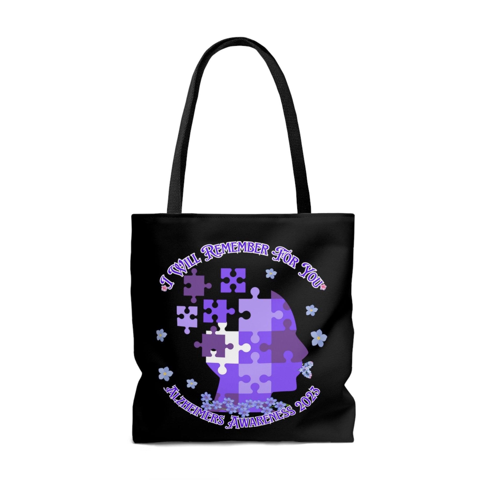 I Will Remember For You - Alzheimers Awareness Black Tote Bag Blue Forget Me Not Flower (AOP) - ALL4THEGIFTOFIT