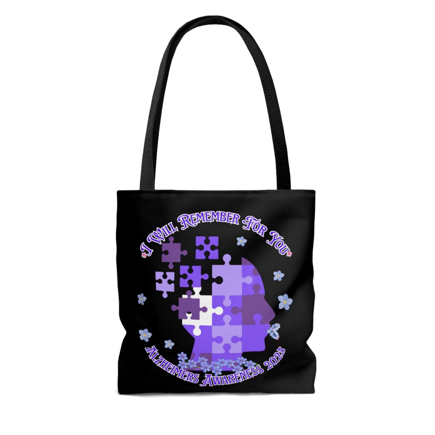 I Will Remember For You - Alzheimers Awareness Black Tote Bag Blue Forget Me Not Flower (AOP) - ALL4THEGIFTOFIT