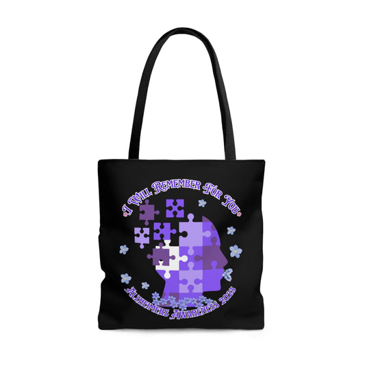 I Will Remember For You - Alzheimers Awareness Black Tote Bag Blue Forget Me Not Flower (AOP) - ALL4THEGIFTOFIT