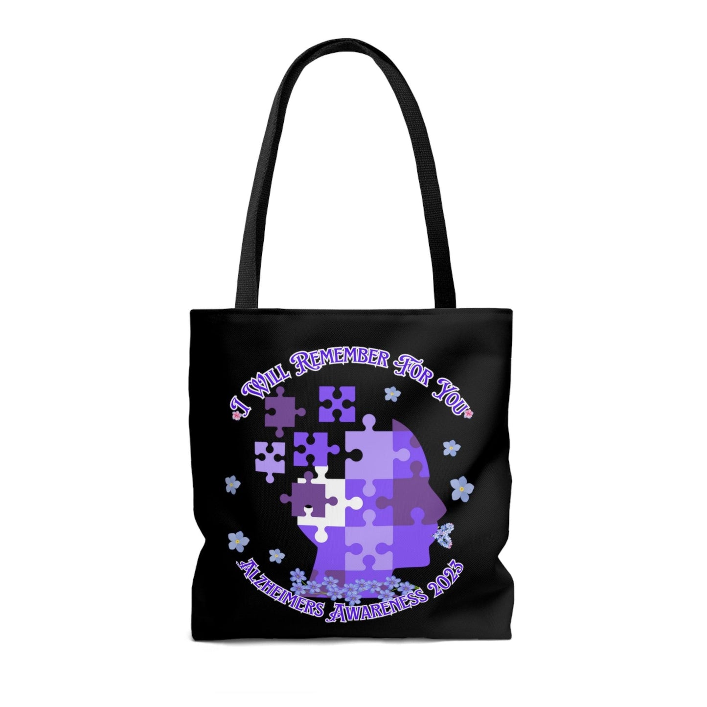 I Will Remember For You - Alzheimers Awareness Black Tote Bag Blue Forget Me Not Flower (AOP) - ALL4THEGIFTOFIT