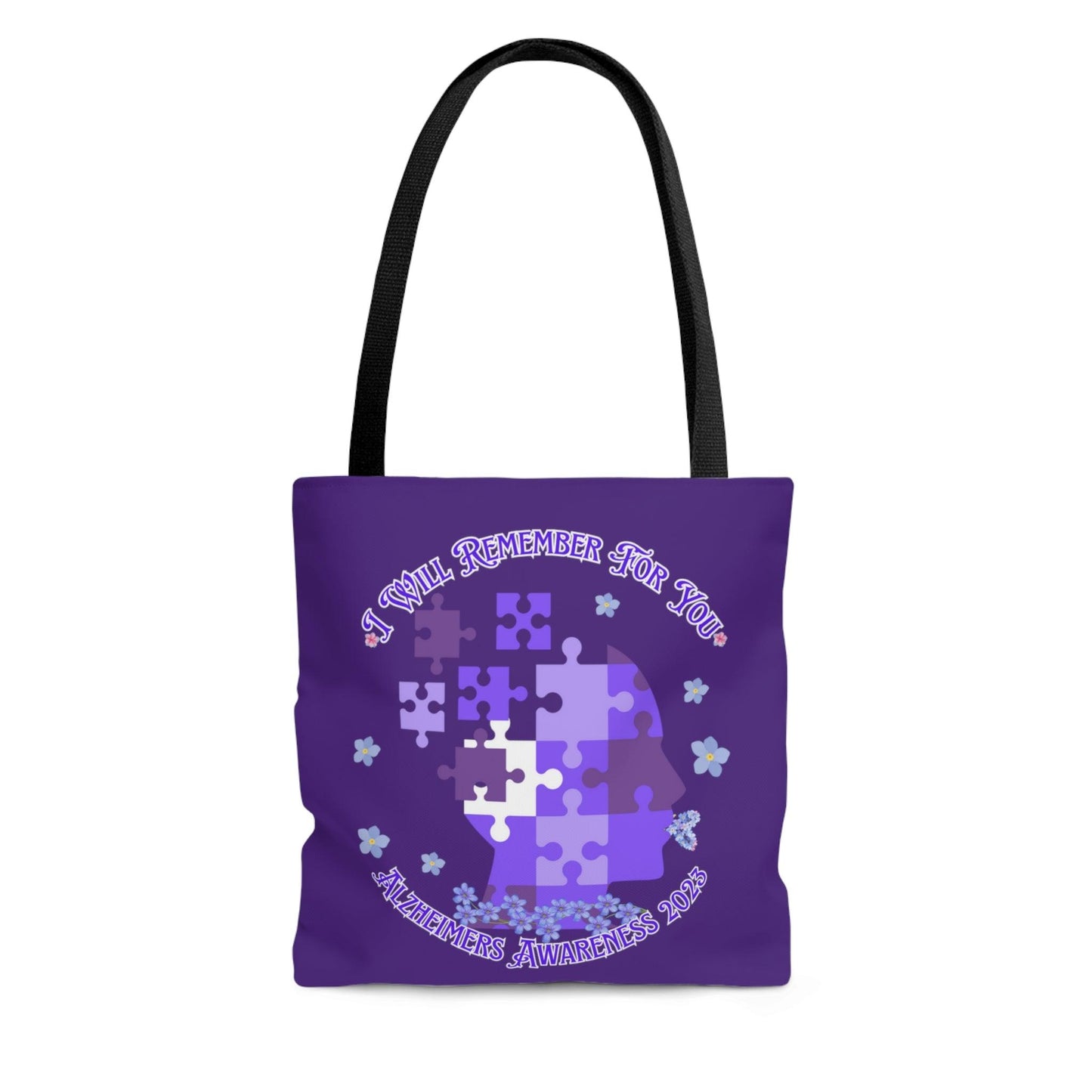 I Will Remember For You - Alzheimers Awareness Tote Bag Blue Forget Me Not Flower (AOP) - ALL4THEGIFTOFIT