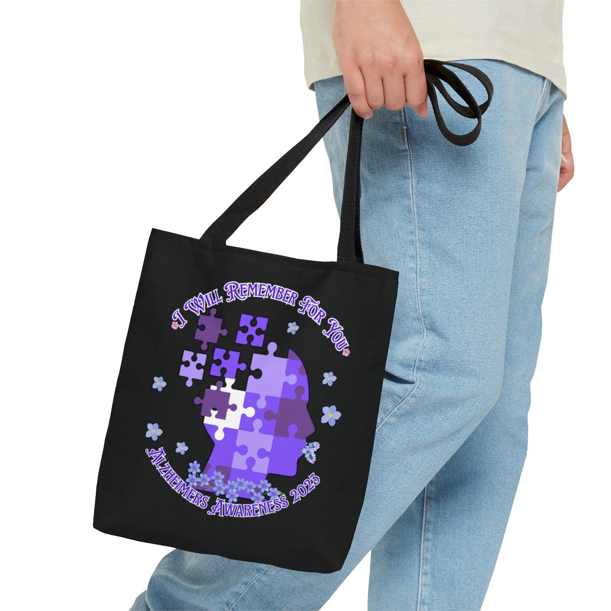 I Will Remember For You - Alzheimers Awareness Black Tote Bag Blue Forget Me Not Flower (AOP) - ALL4THEGIFTOFIT