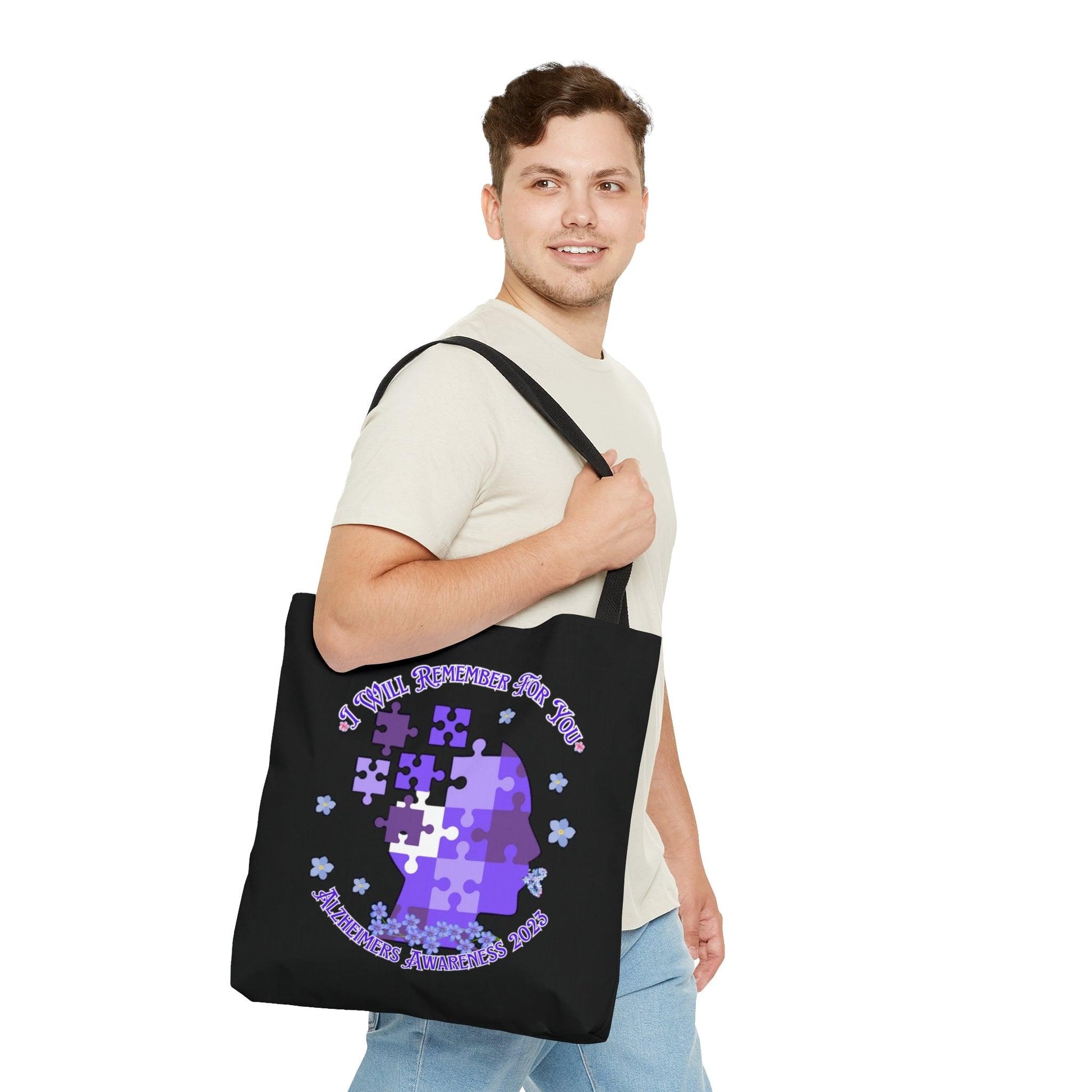 I Will Remember For You - Alzheimers Awareness Black Tote Bag Blue Forget Me Not Flower (AOP) - ALL4THEGIFTOFIT