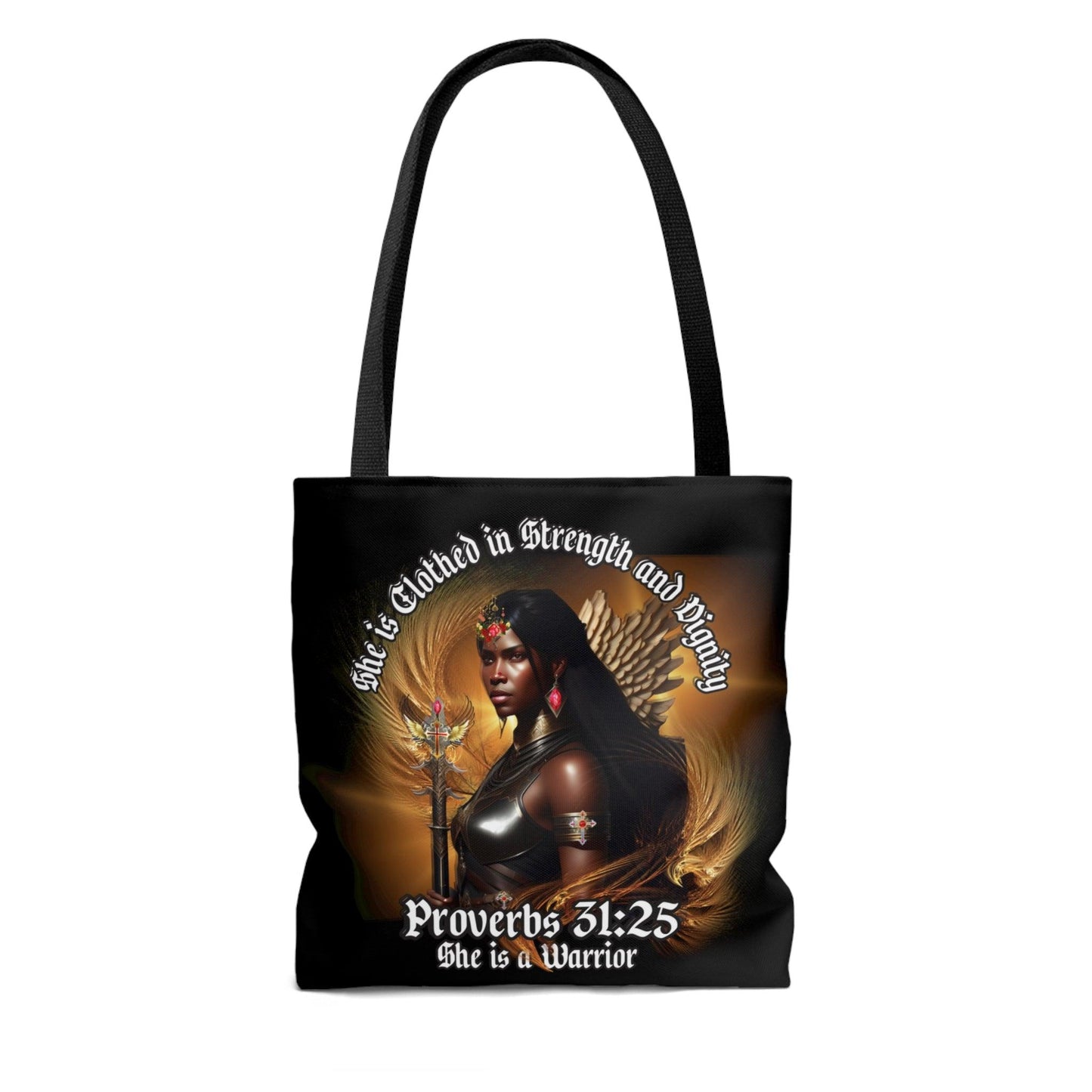 She is Clothed in Strength and Dignity Tote Bag (AOP) - ALL4THEGIFTOFIT