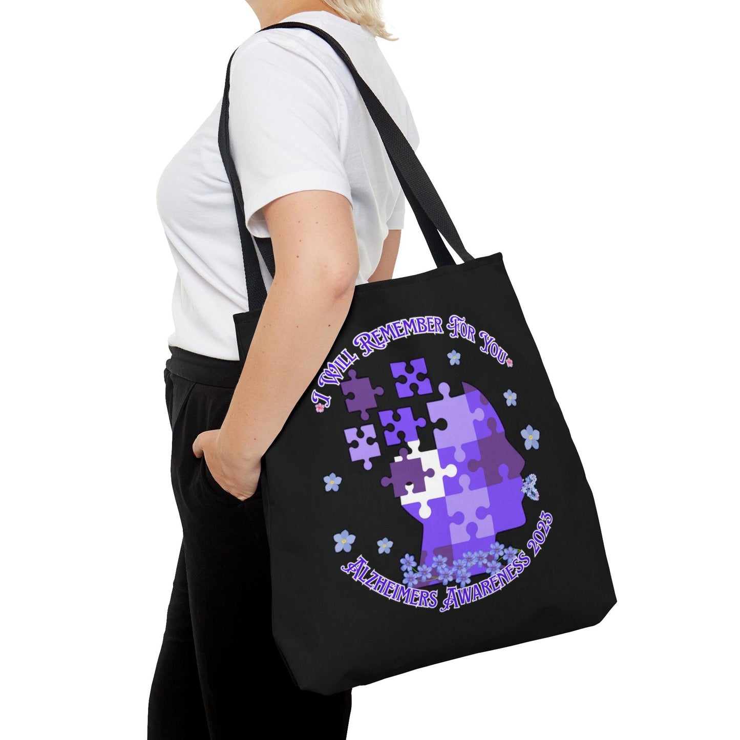 I Will Remember For You - Alzheimers Awareness Black Tote Bag Blue Forget Me Not Flower (AOP) - ALL4THEGIFTOFIT