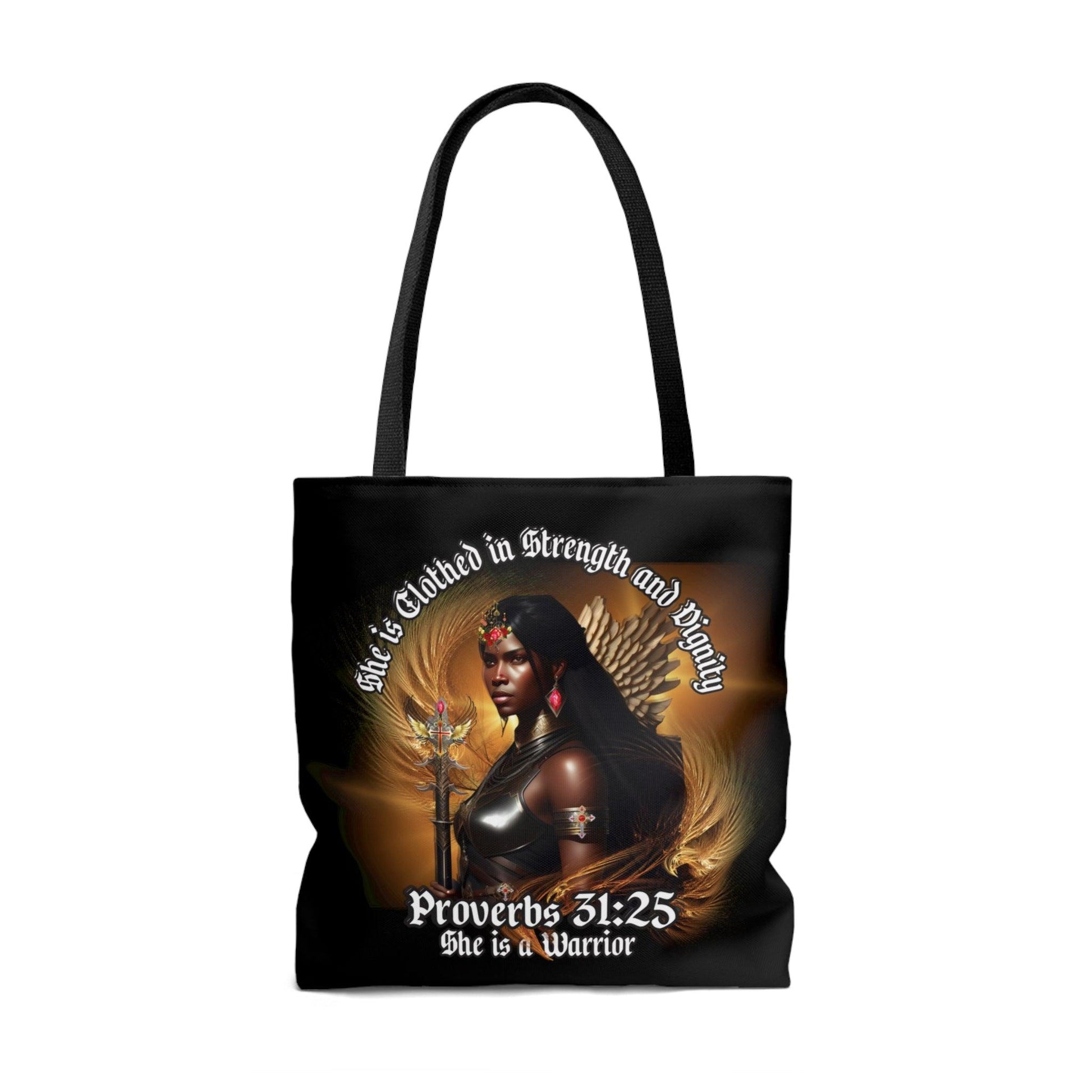 She is Clothed in Strength and Dignity Tote Bag (AOP) - ALL4THEGIFTOFIT