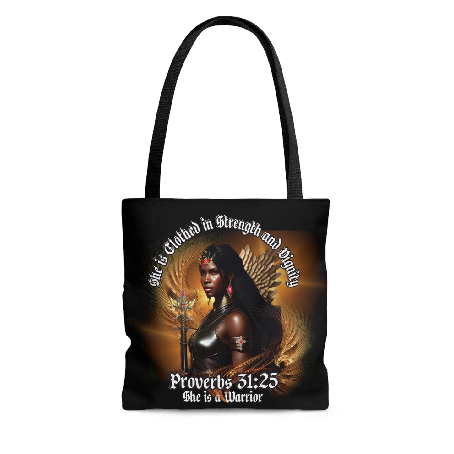 She is Clothed in Strength and Dignity Tote Bag (AOP) - ALL4THEGIFTOFIT