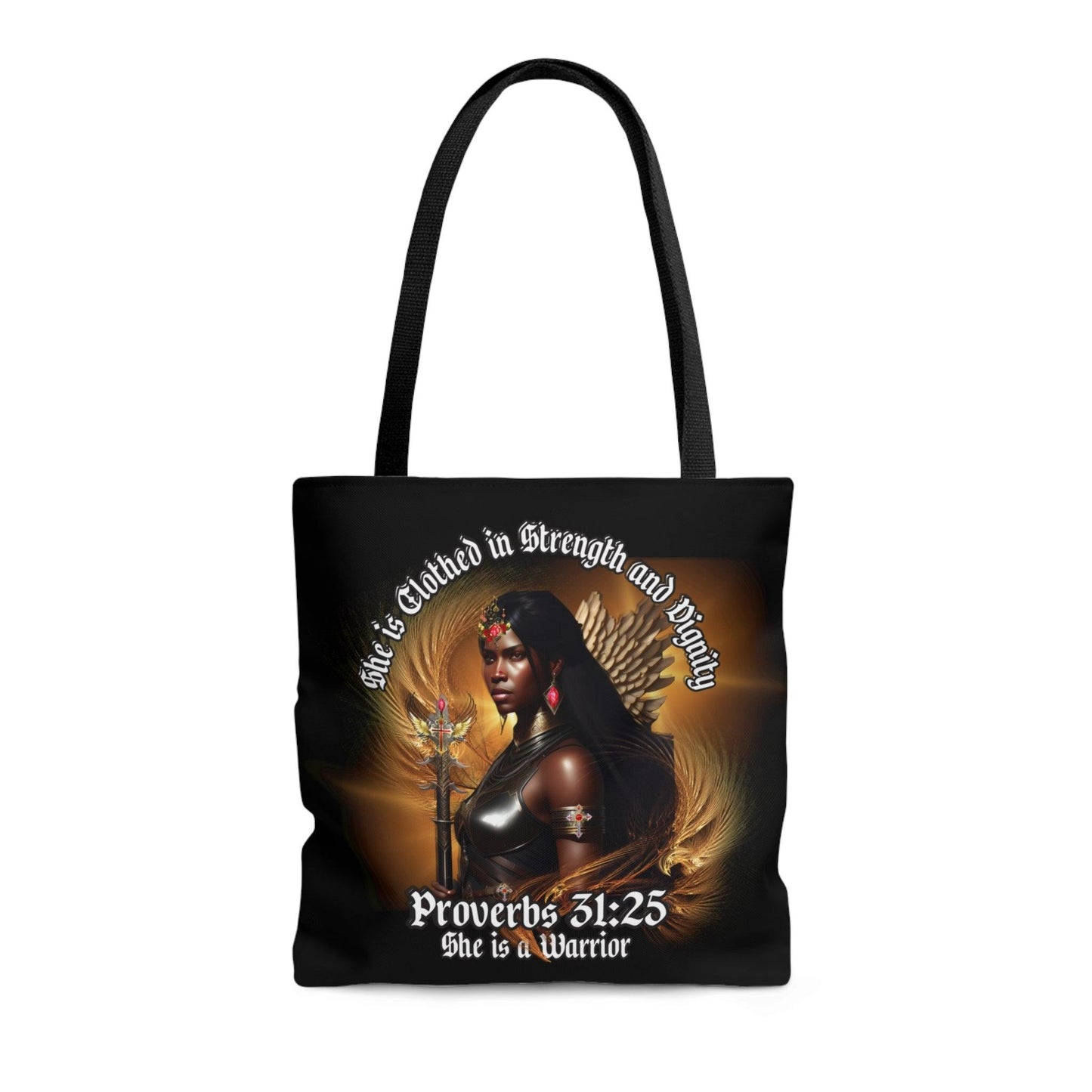 She is Clothed in Strength and Dignity Tote Bag (AOP) - ALL4THEGIFTOFIT