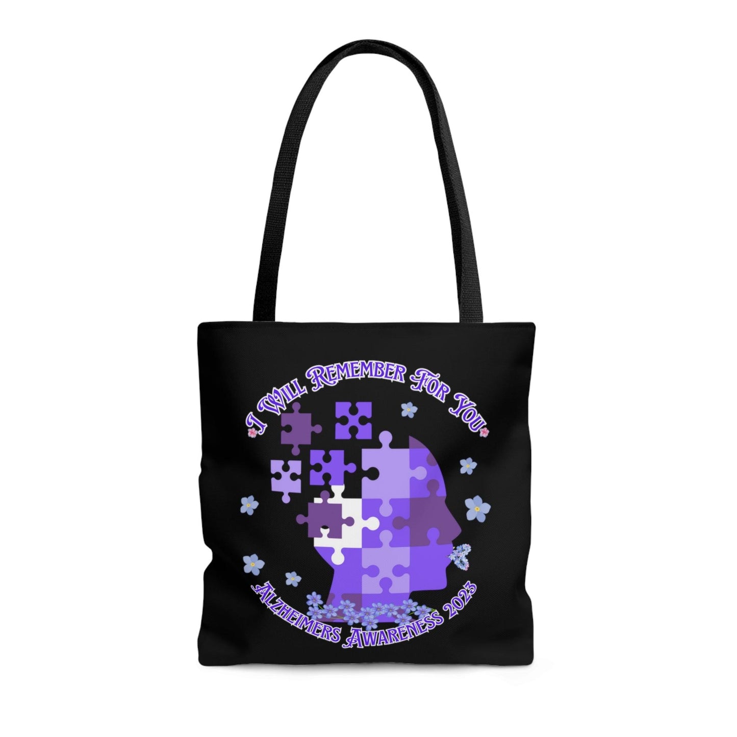 I Will Remember For You - Alzheimers Awareness Black Tote Bag Blue Forget Me Not Flower (AOP) - ALL4THEGIFTOFIT