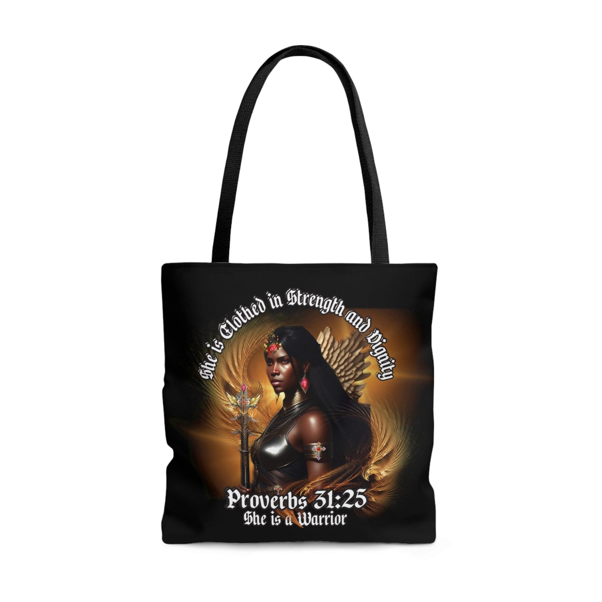 She is Clothed in Strength and Dignity Tote Bag (AOP) - ALL4THEGIFTOFIT